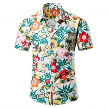 casual plus size non-stretch button flower print men shirt size run small#3