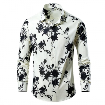 casual plus size non-stretch long sleeve flower print men shirt size run small