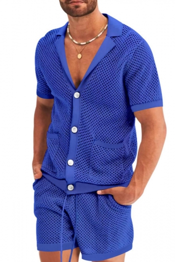 casual men plus size 5 colors cut out breathable suit collar top & shorts set