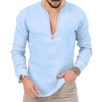 casual men plus size non-stretch linen fabric 7 colors v-neck long sleeve top