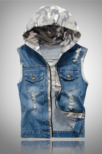 stylish plus size non-stretch hooded hole camo men denim vest size run small