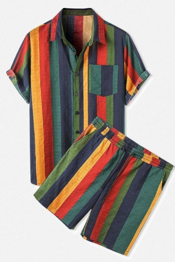 casual plus size non-stretch stripe printing button pocket linen men shirt