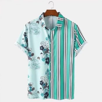 casual plus size non-stretch flower stripe printing button patchwork men shirt