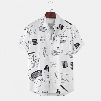 casual plus size non-stretch letter batch printing button short sleeve men shirt
