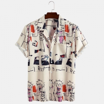 casual plus size non-stretch batch printing button short sleeve pocket men shirt