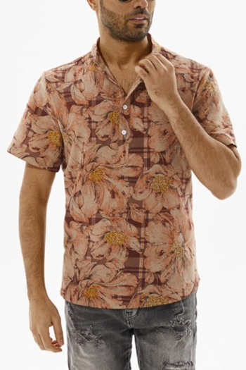casual plus size non-stretch retro floral pattern button men short sleeve shirt