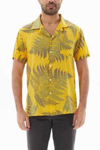 casual plus size non-stretch leaf batch printing button pocket men shirt