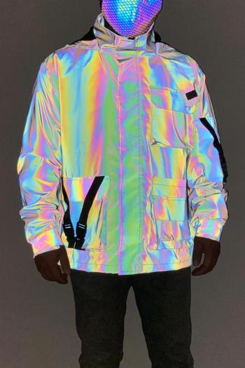 casual men plus size non-stretch colorful reflective fabric hooded cargo jacket