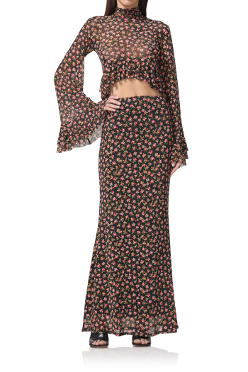 hot sale slight stretch mesh  ruffle floral see-through long sleeve skirts sets