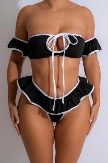 hot sale sexy color-block padded hollow ruffle lace-up tankini set