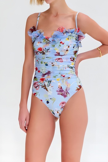 hot sale stylish floral printing padded chiffon ruffle one-piece swimsuit