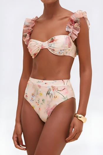 hot sale sexy floral print padded underwire chiffon ruffle bikini set