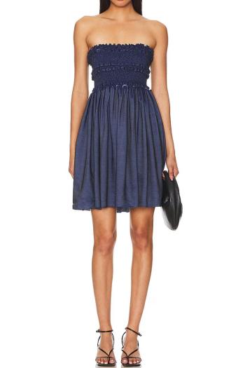 high quality holiday style high stretch slub cotton ruffle tube pleated mini dress