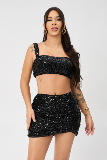 high quality sexy slight stretch sling sequins decor tight mini skirt set