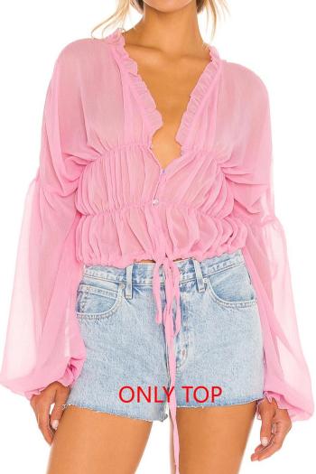 sexy high quality non-stretch chiffon see through 4 colors v-neck drawstring top