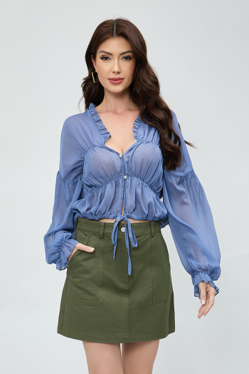 sexy high quality non-stretch chiffon see through 4 colors v-neck drawstring top