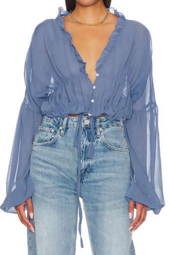 sexy high quality non-stretch chiffon see through 4 colors v-neck drawstring top