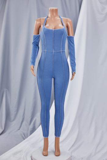Early autumn new style solid color long sleeve halter neck bandage backless stretch tight jumpsuits
