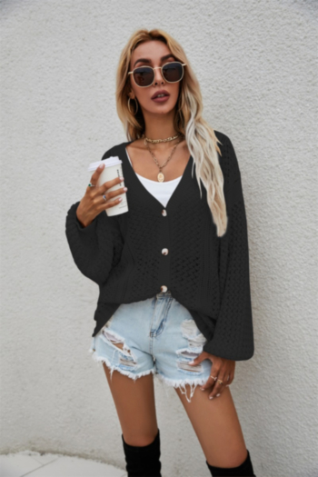 Autumn new solid color knitted stretch V-neck single-breasted stylish loose sweater