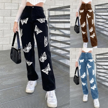 Autumn new stylish 3 colors butterfly printing  zip-up pocket high waist casual jeans