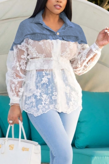 early autumn plus size two colors denim see through lace stitching slight stretch button lace-up stylish sexy top