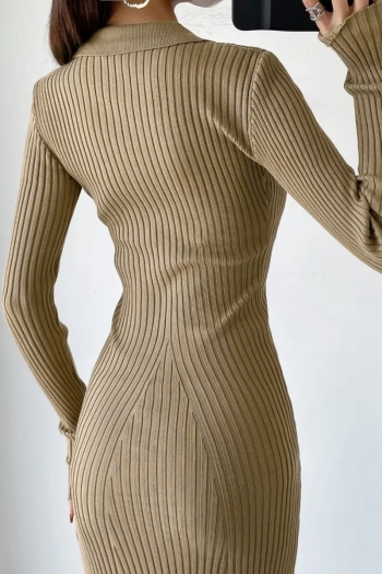 Autumn new 4 colors ribbed knit stretch turndown collar button stylish casual high quality midi dress