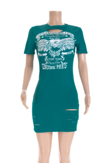 S-XXL stylish personality stretch 3 colors digital print hole bodycon dress