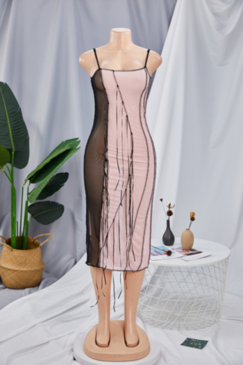 Plus size four color see through mesh spliced micro-elastic sexy bodycon midi dress (Without lining)