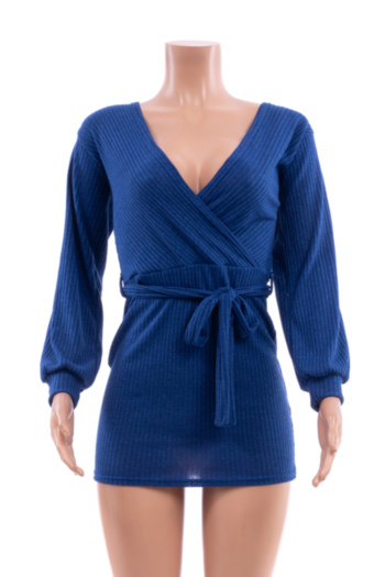 New stylish backless deep v neck solid color slim fit stretch dress(With belt)