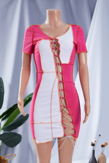 Plus size five colors contrast color spliced stretch hollow bandage sexy bodycon dress