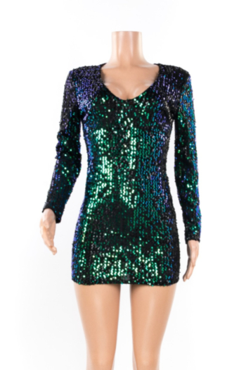 Best Selling Add New Color: V-Neck Long Sleeves Sequin Tight Sexy High Quality Little Dress