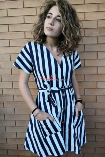 stylish and elegant temperament striped belt v-neck dress
