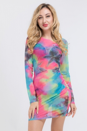 plus size sexy elegant style stretch multi-color mesh print slim dress