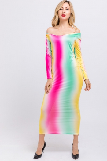sexy fashion style stretch rainbow striped v-neck long sleeve dress