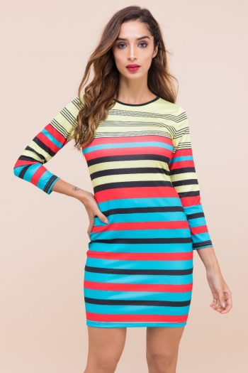 plus size stylish casual style stretch multicolor striped crew neck long sleeve dress