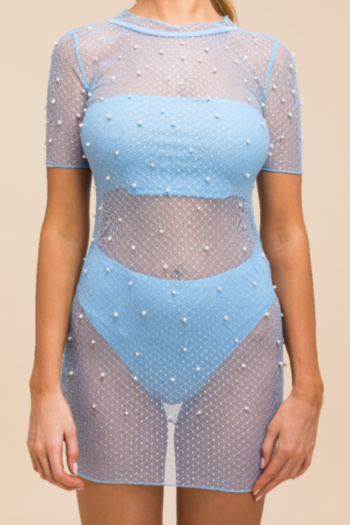 Plus size sexy hot style 3 colors see through mesh bead decoration stretch dress with vest and under pants