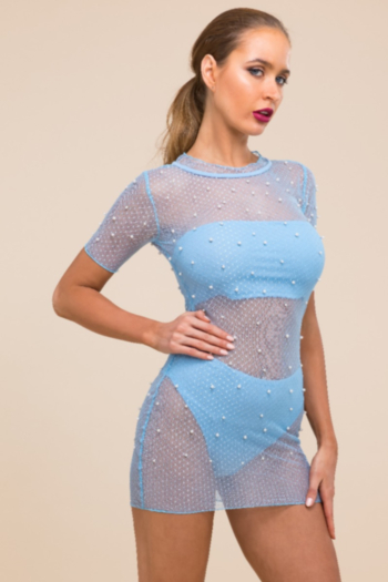 Plus size sexy hot style 3 colors see through mesh bead decoration stretch dress with vest and under pants