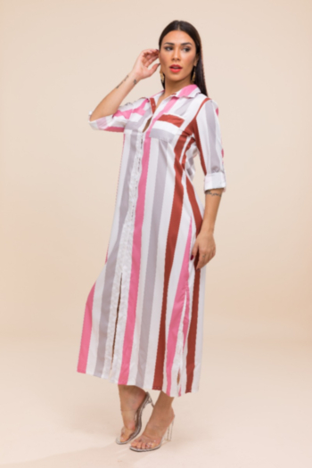 Plus size stylish casual 2 colors striped printed loose shirt dress