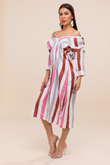 Plus size stylish casual 2 colors striped printed loose shirt dress