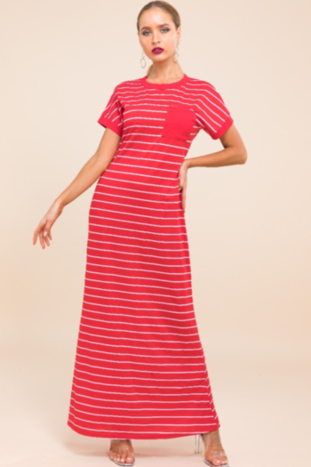 Stylish casual streaks printed round-neck pocket stretch dress