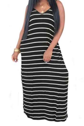 Plus size stylish casual 2 colors streaks printed sling stretch mopping dress
