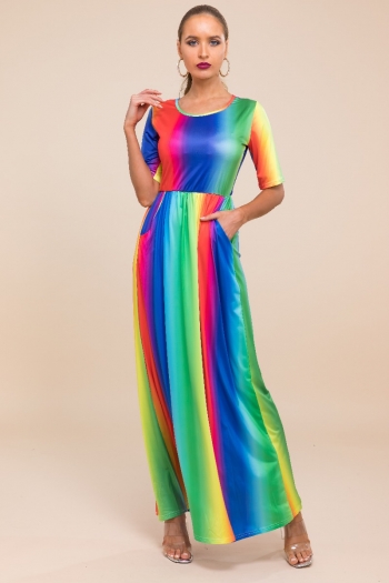 Stylish casual style rainbow stripe printed loose stretch dress