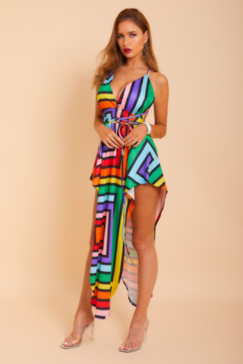 Plus size sexy stylish multicolor printed sling V-neck irregular stretch dress