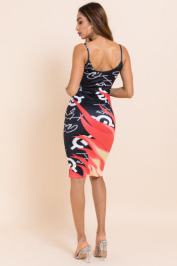 Plus size sexy stylish flame printed sling stretch dress