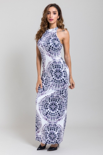 elegant sexy digital printed sleeveless hollow stretch dress