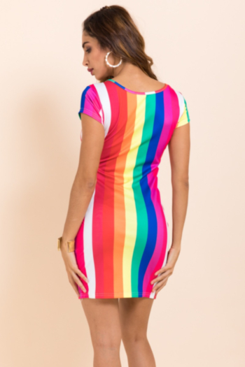 Sexy stylish rainbow stripes printed short-sleeve stretch dress