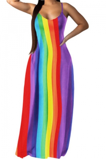 s-xxl colorful streak print stretch sling sleeveless pocket stylish casual maxi dress