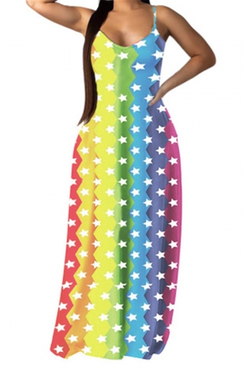 s-xxl colorful vertical stripes and stars print stretch sling sleeveless pocket stylish casual maxi dress