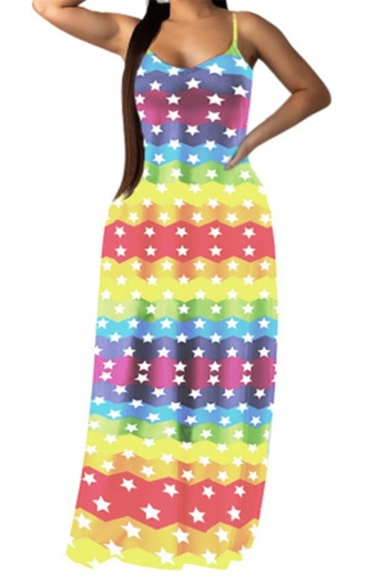 s-xxl colorful horizontal stripes and stars print stretch sling sleeveless pocket stylish casual maxi dress