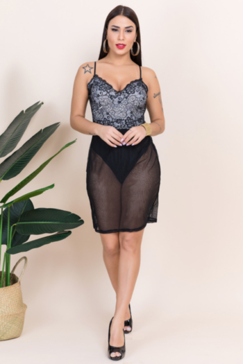 new plus size micro-elastic lace&see through mesh splice sexy dress with lining